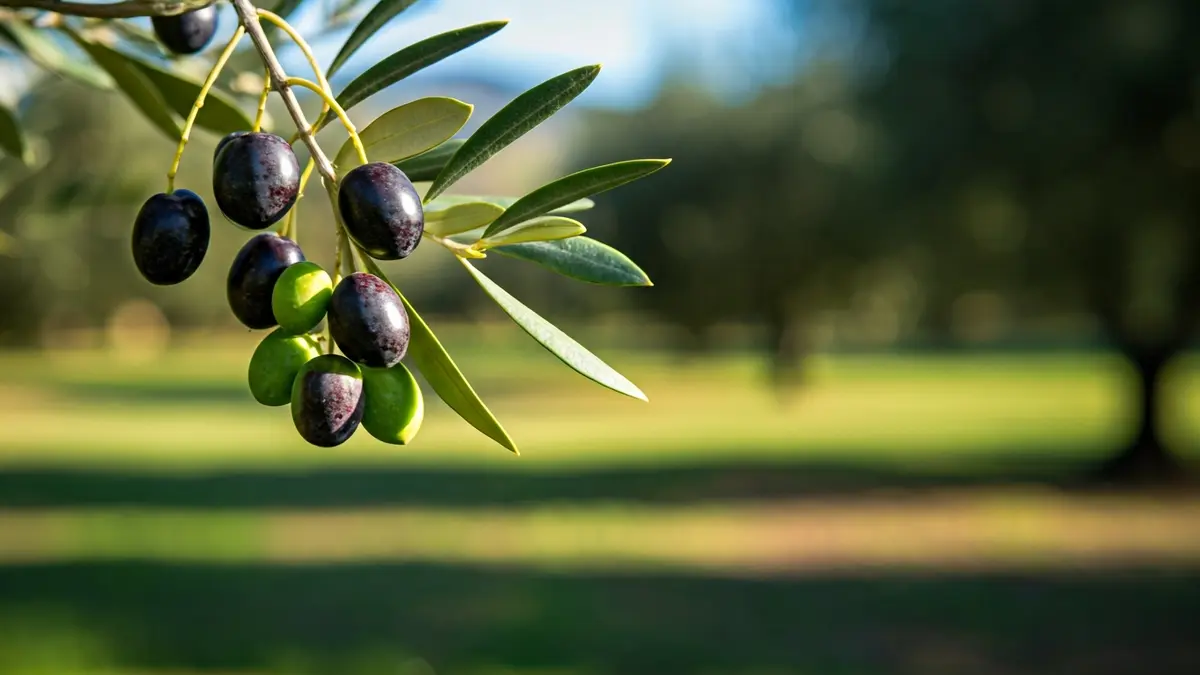 Generic image of olives on a branch, with blurred olive groves in the background under the Mediterranean sun.