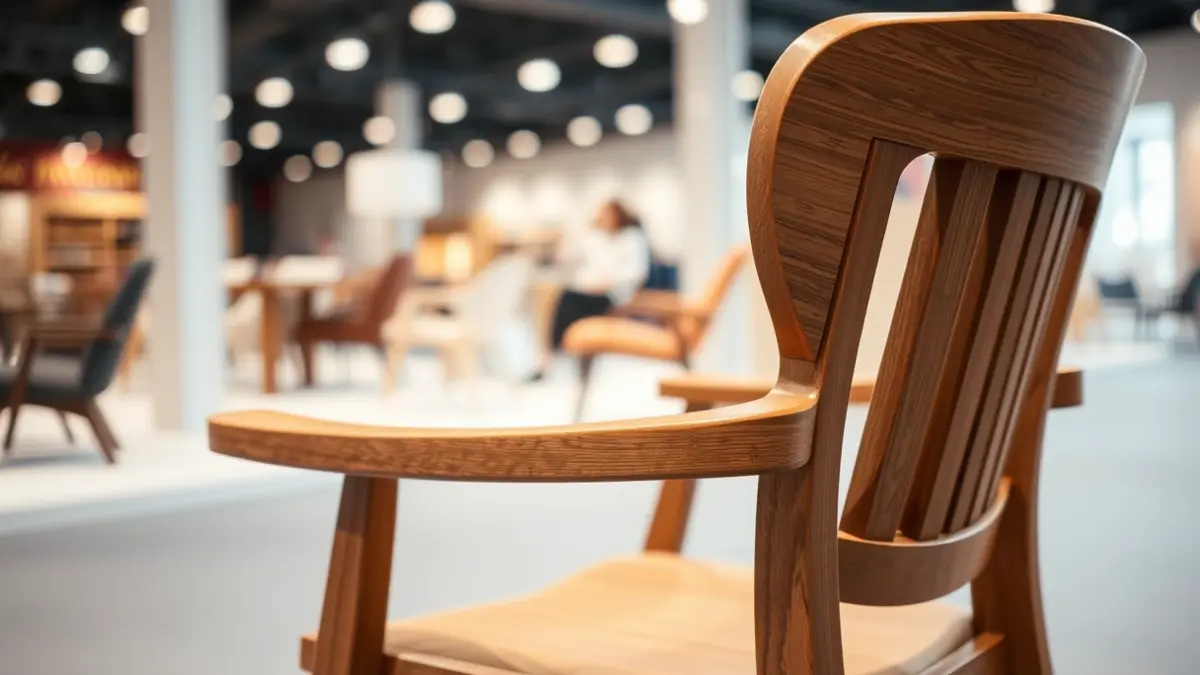 Generic image of a designer chair at a furniture fair, with other blurred exhibitors in the background.
