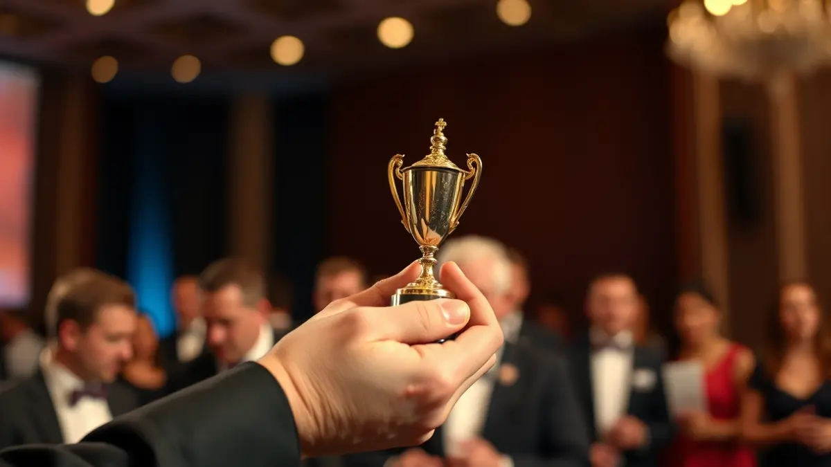 Imagen genérica de una mano sosteniendo un trofeo en un evento de premios.