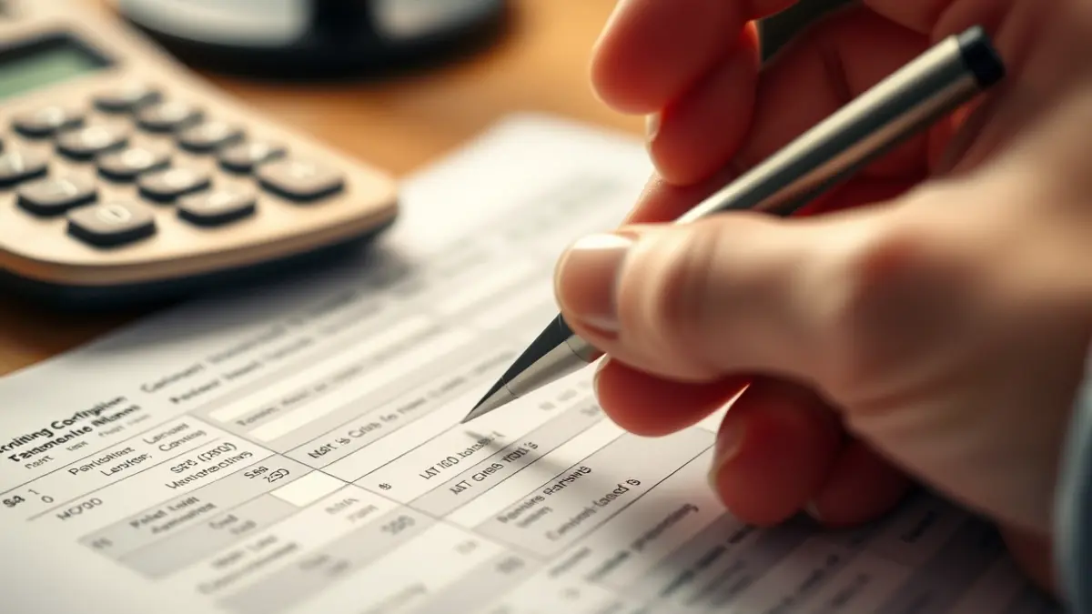 Generic image of a hand filling out a tax form, with a calculator in the background.