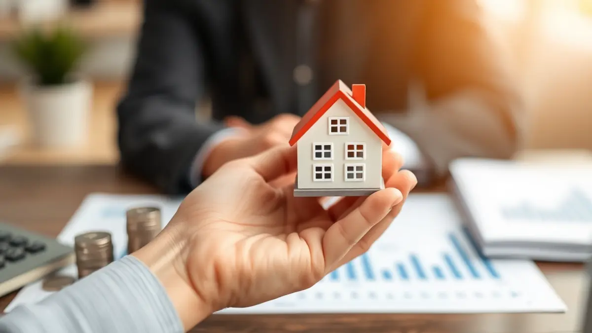 Generic image of a hand holding a house figurine with coins and a graph in the background, symbolizing real estate profitability.
