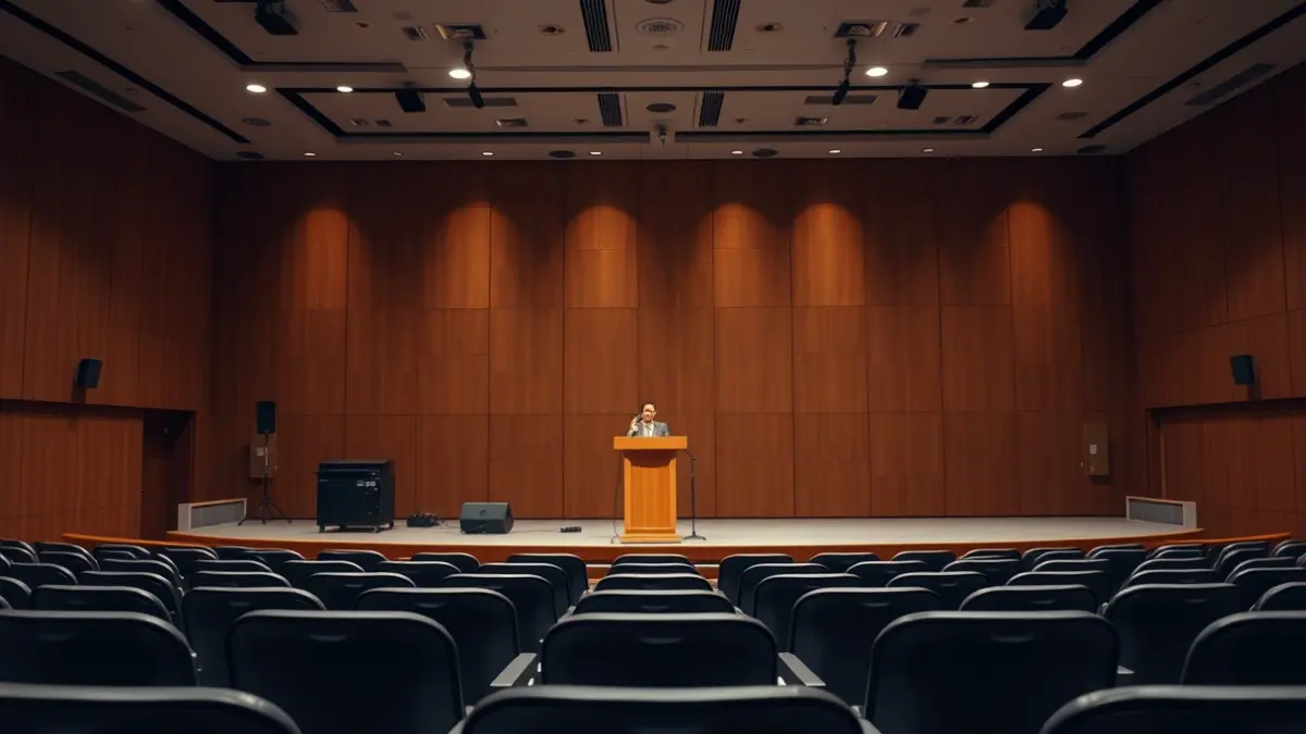 Generic image of an auditorium set up for a corporate event.