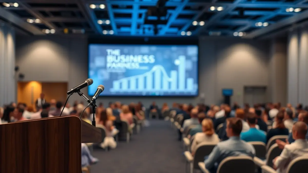 Imagen genérica de un foro empresarial con un podio y micrófonos.
