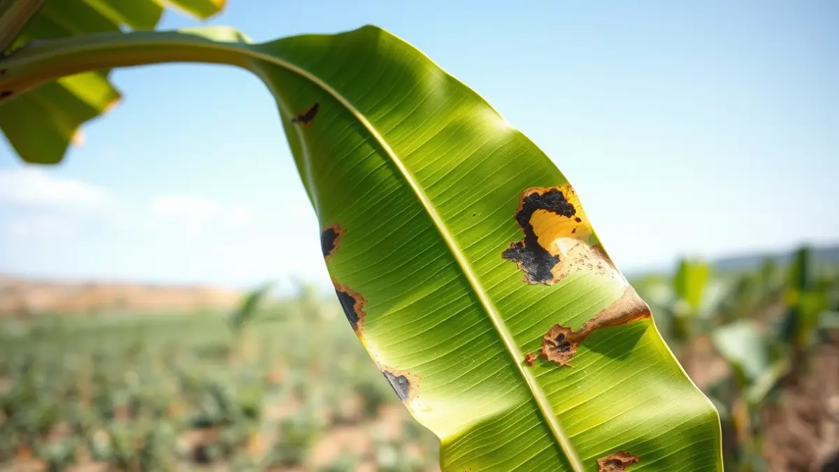 Image of a banana leaf with signs of disease, representing phytosanitary challenges in Canarian agriculture.