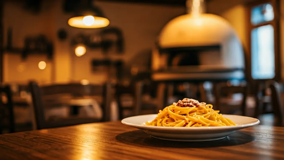 Interior de un restaurante italiano con horno de leña y mesas de madera.