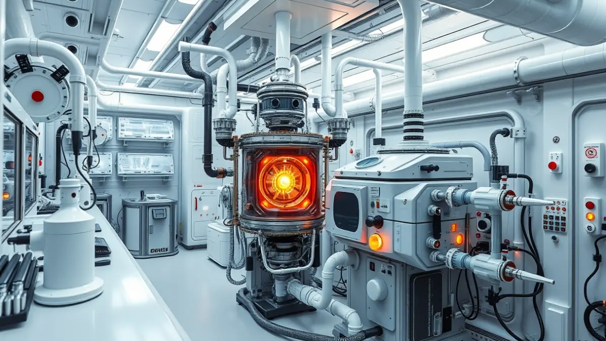 Imagen genérica de un laboratorio con reactores y sistemas de soporte vital para misiones espaciales.