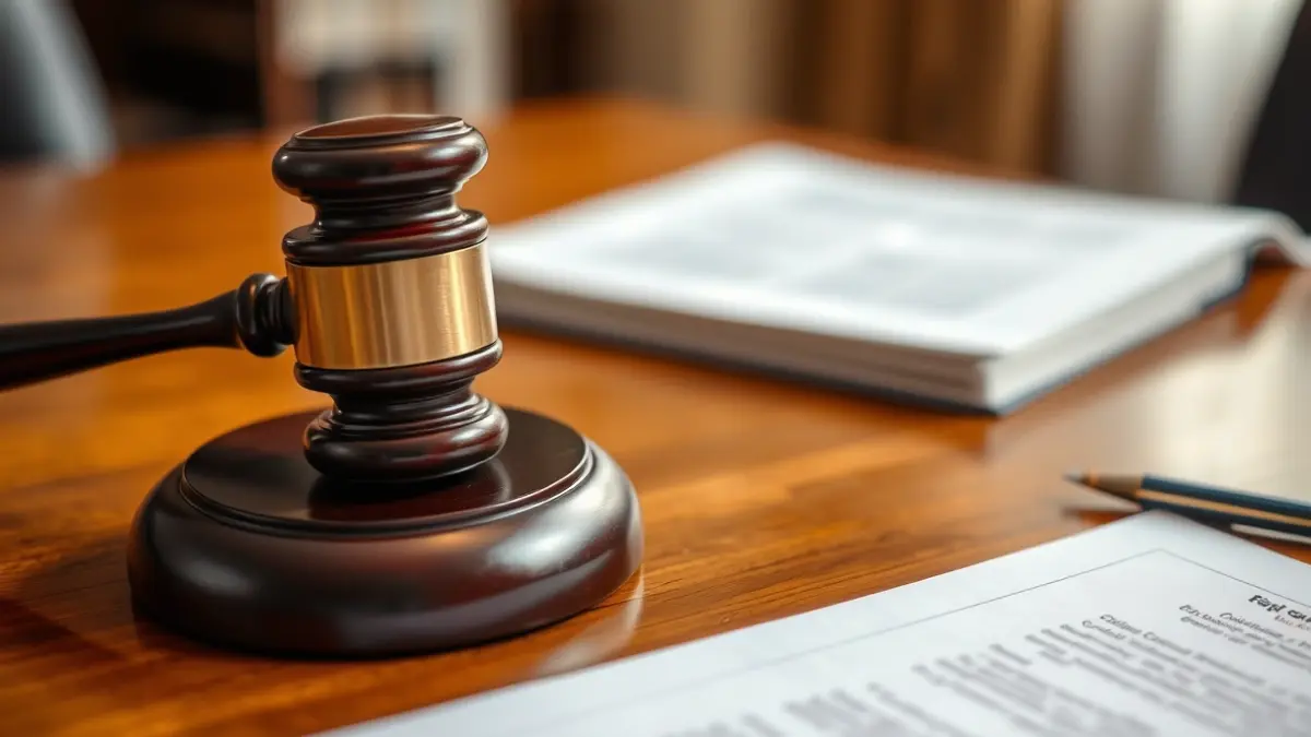 Generic image of a judge's gavel on a wooden desk with blurred legal documents.