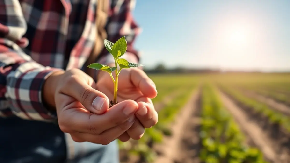 Imagen genérica de manos de un joven agricultor sosteniendo una planta, con campos de cultivo al fondo.