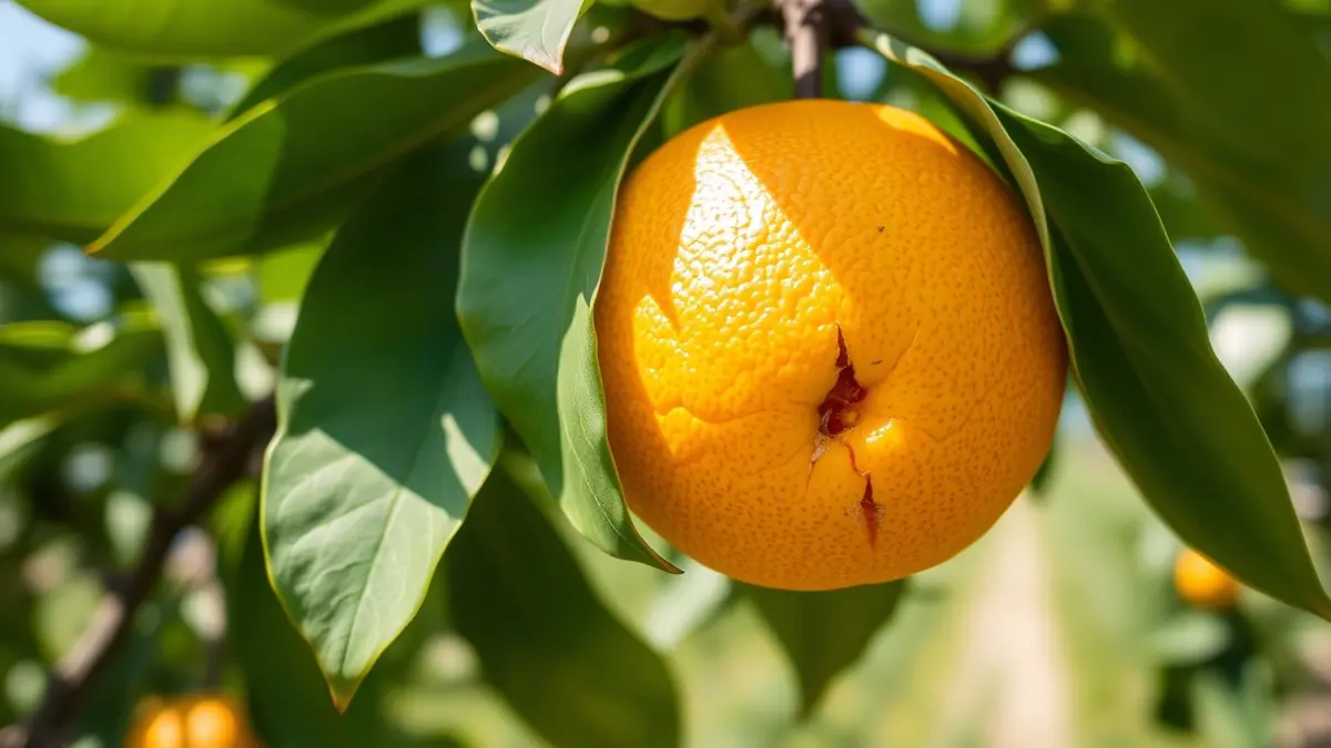 Imagen de una naranja con una grieta en la piel, en un árbol, bajo el sol.
