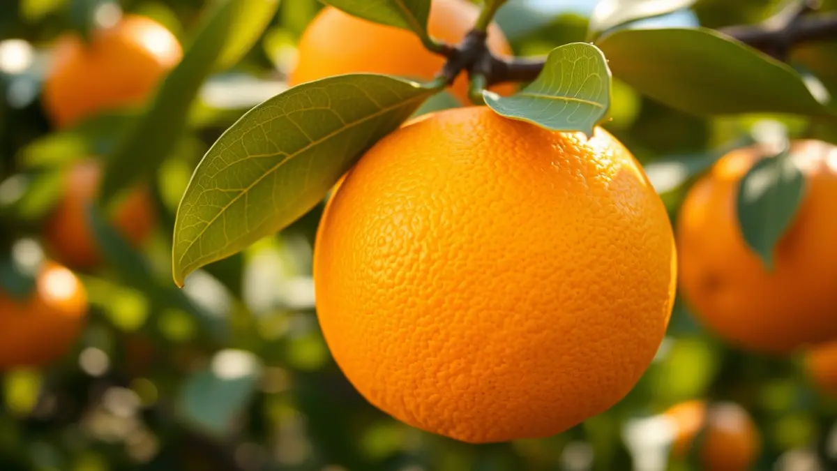 Imagen genérica de una naranja en un naranjo, con hojas verdes desenfocadas al fondo.