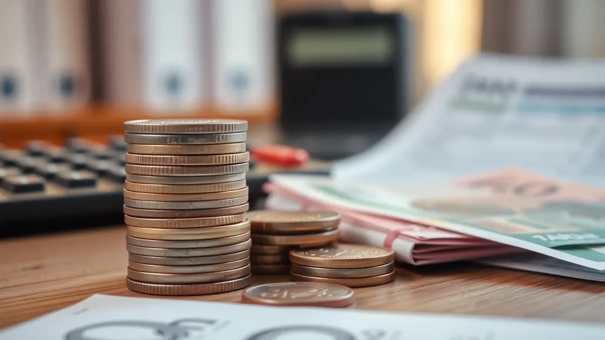 Generic image of euro coins and banknotes on a desk, with blurred tax forms.