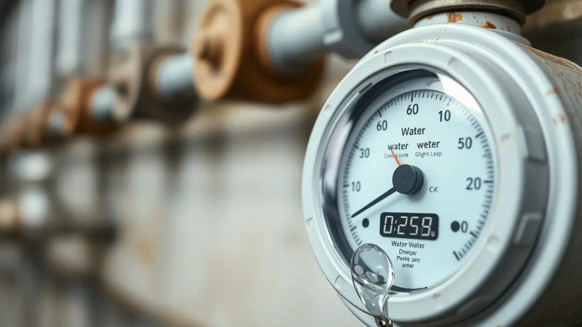 Imagen genérica de un contador de agua con tuberías borrosas al fondo, indicando una lectura alta y una pequeña fuga.