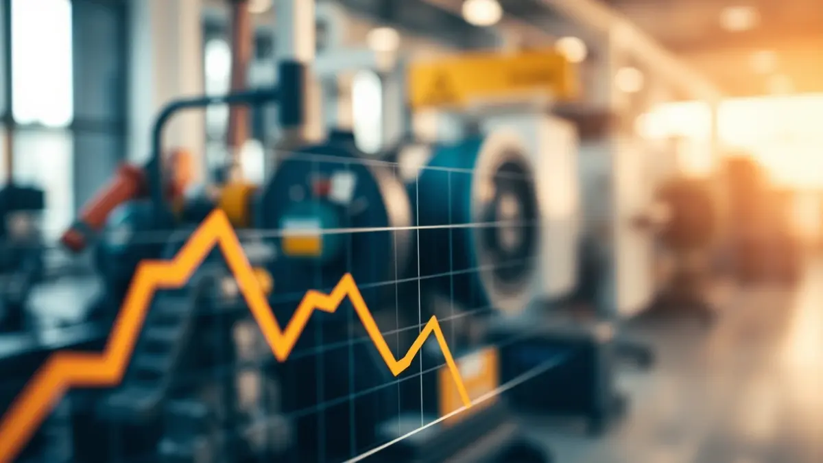 Imagen genérica de un gráfico financiero con tendencia a la baja y maquinaria industrial desenfocada al fondo.