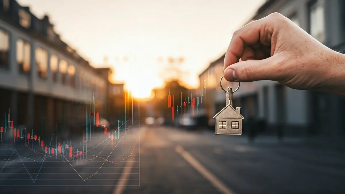 Imagen genérica de una mano sosteniendo una llave con forma de casa, con edificios y un gráfico financiero de fondo.
