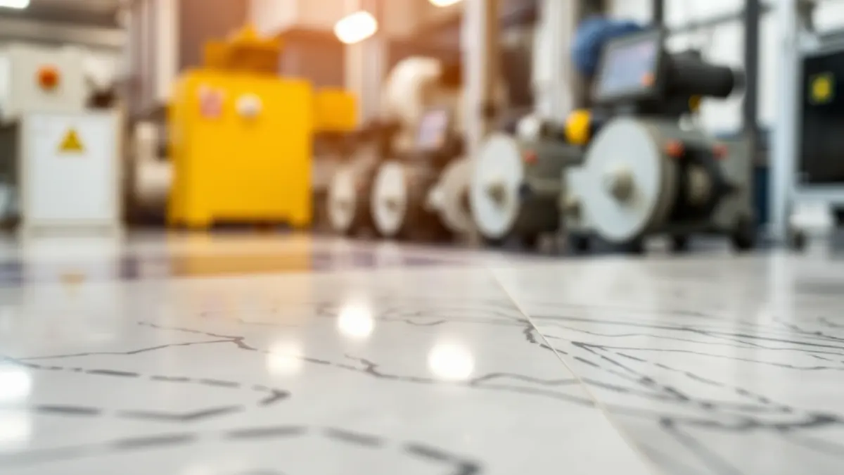 Generic image of a ceramic tile with a modern pattern, reflecting soft lights, with a blurred background of industrial machinery.