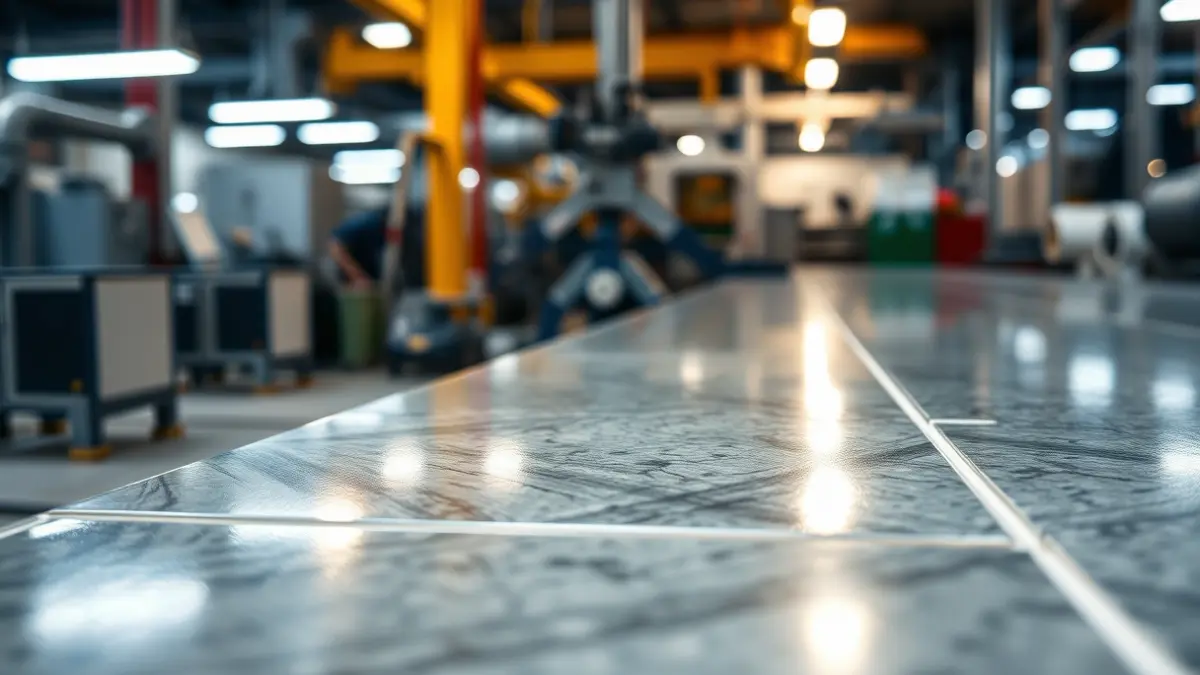 Imagen genérica de un azulejo cerámico moderno, con maquinaria industrial desenfocada al fondo, simbolizando la innovación en el sector cerámico.