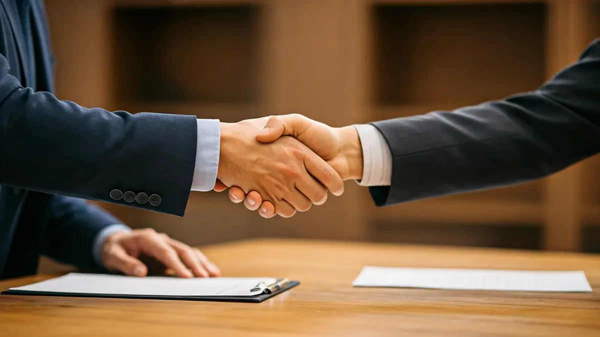 Generic image of two people shaking hands in an office setting, symbolizing business recognition.