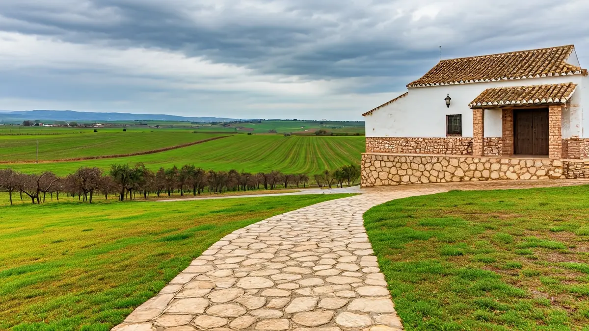 Image of a rural accommodation in the province of Cádiz, featuring traditional Andalusian architecture and a green landscape.