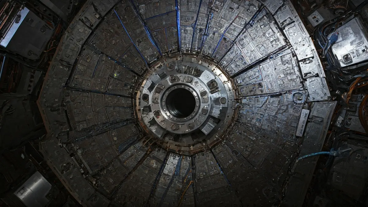 Particle accelerator component with blue energy lines.