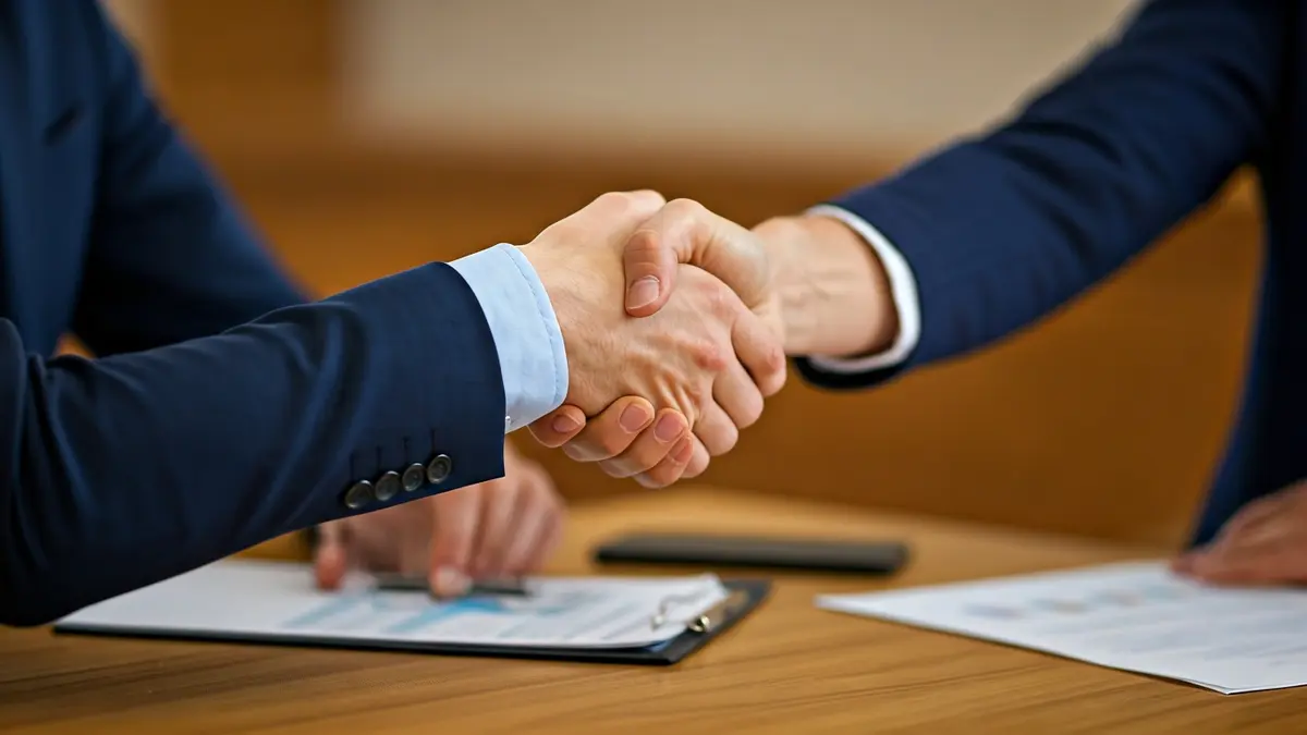 Imagen genérica de dos manos estrechándose sobre un escritorio con documentos borrosos, simbolizando colaboración empresarial.
