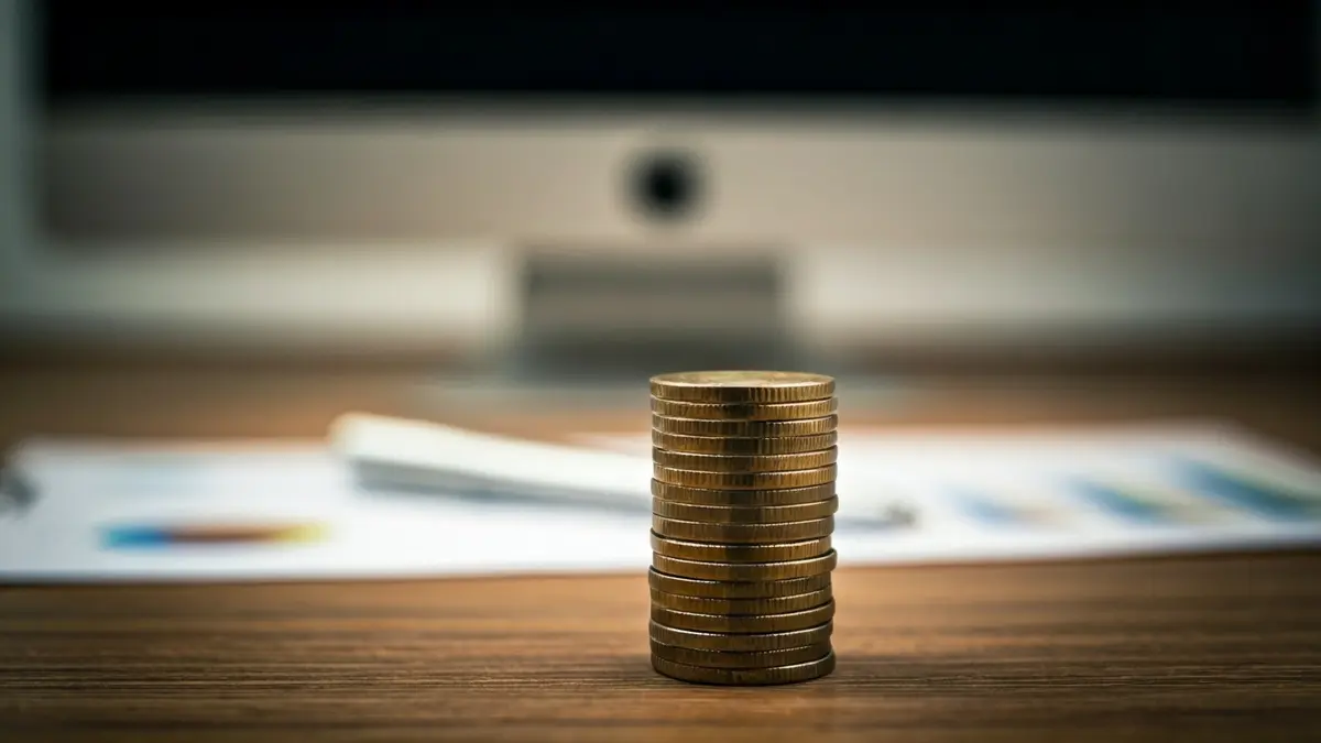 Imagen genérica de monedas de euro sobre una mesa, con gráficos financieros desenfocados al fondo.