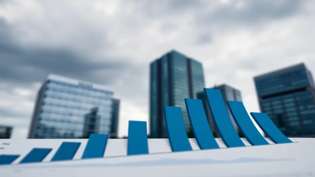 Generic image of a bar chart showing a downward trend, with blurred office buildings in the background, symbolizing job decline.