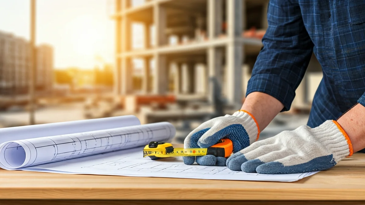 Imagen genérica de manos de un trabajador de la construcción con una cinta métrica sobre un plano.