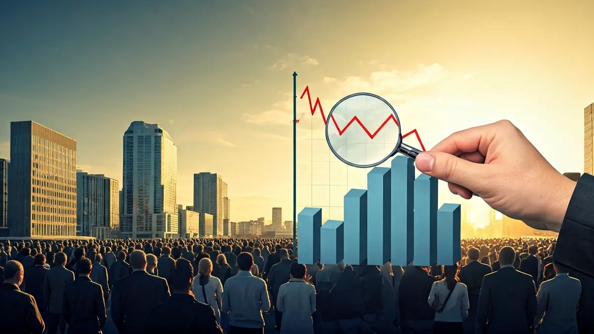 Imagen genérica de una mano con una lupa sobre un gráfico de barras con tendencia a la baja, simbolizando el análisis económico y la mejora.