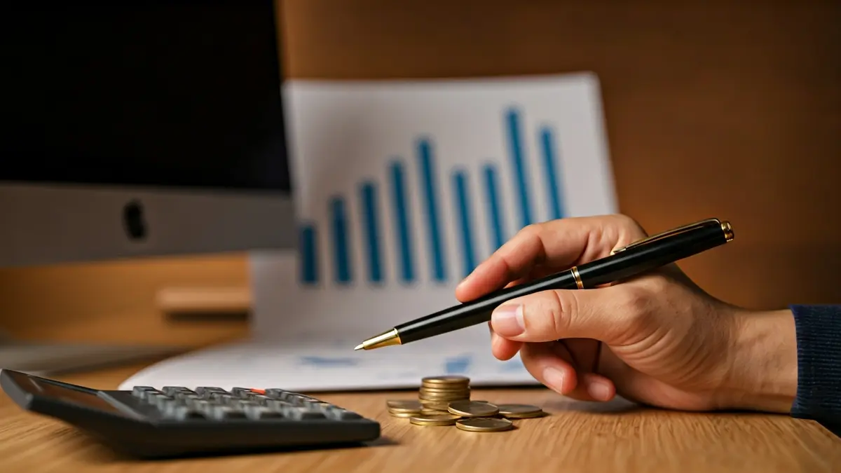 Generic image of a hand pointing at a downward trend graph on a computer screen, with a calculator and coins on a desk.