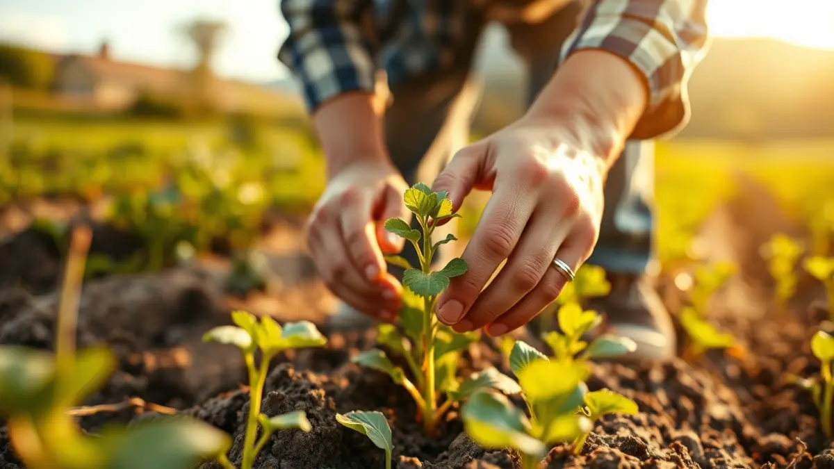 Manos de un agricultor cuidando cultivos jóvenes, con una casa de campo tradicional vasca al fondo.