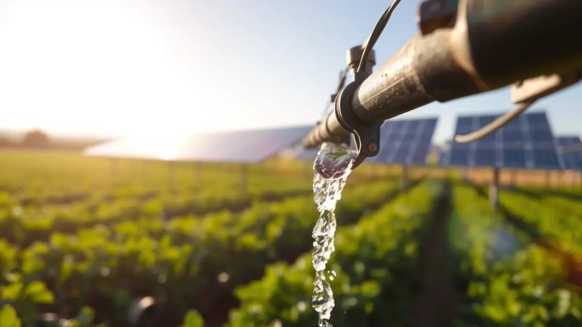 Imagen genérica de un campo de regadío con paneles solares al fondo, simbolizando la transición energética en la agricultura.