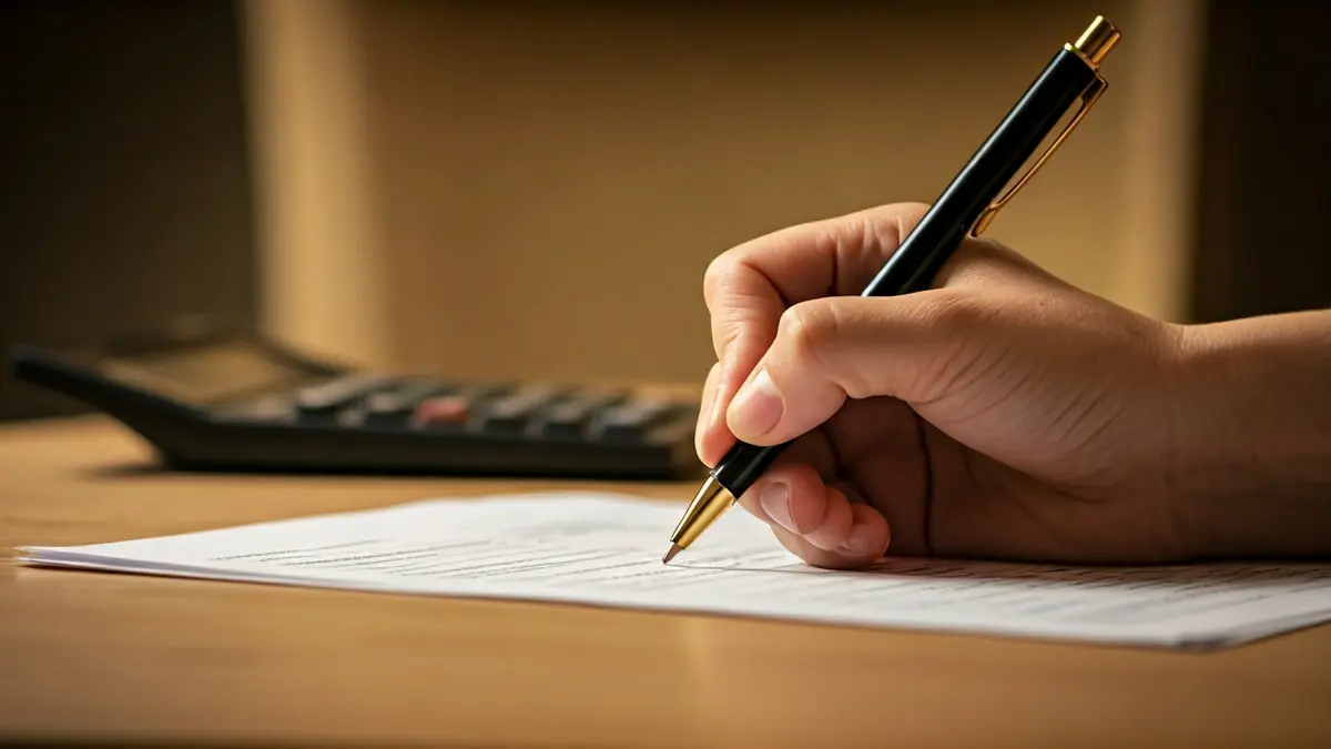 Imagen genérica de una mano rellenando una declaración de la renta, con una calculadora al fondo.