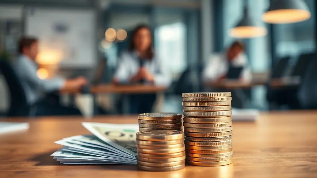 Generic image of euro coins and bills on a desk, with blurred workers in the background, symbolizing economic impact.