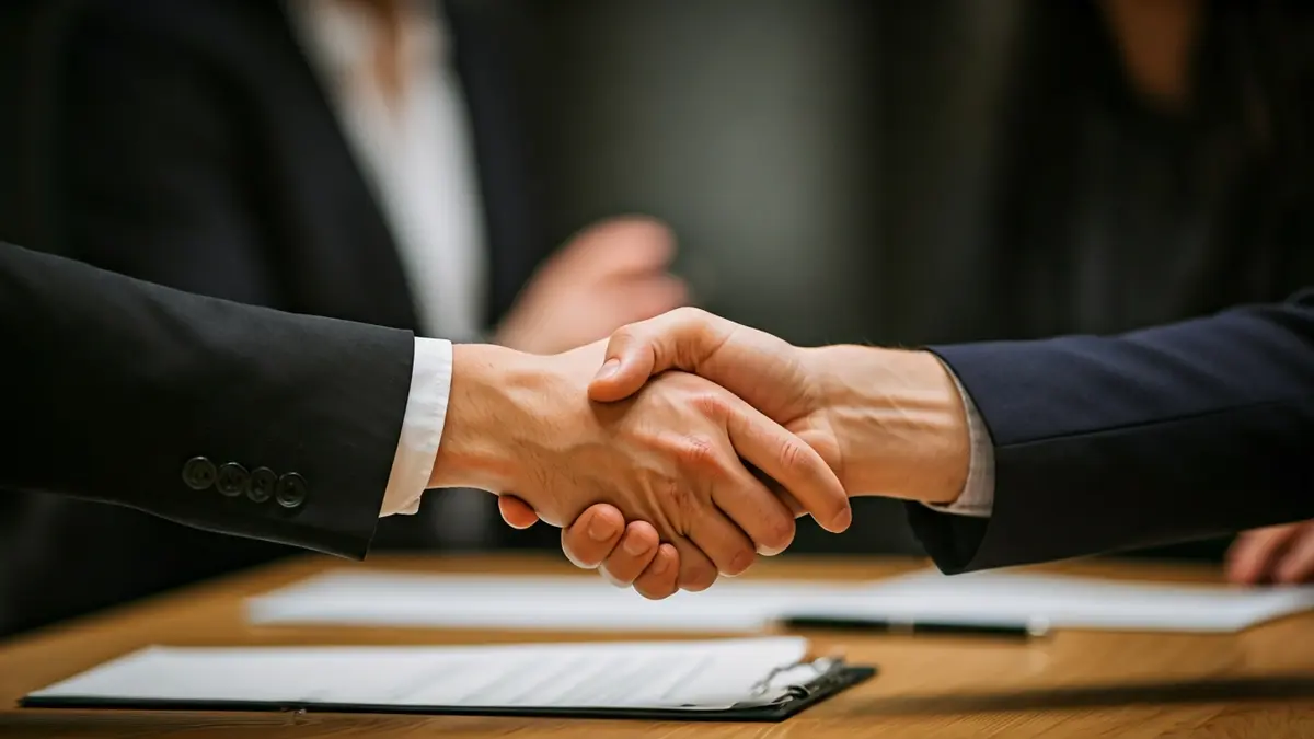 Imagen genérica de dos manos estrechándose sobre un escritorio, simbolizando acuerdos empresariales.