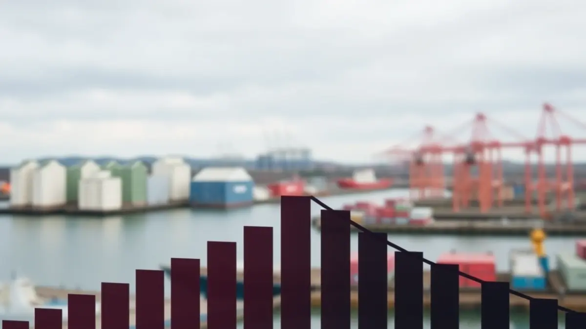 Generic image of a bar chart showing a downward trend, with an industrial and port landscape in the background.