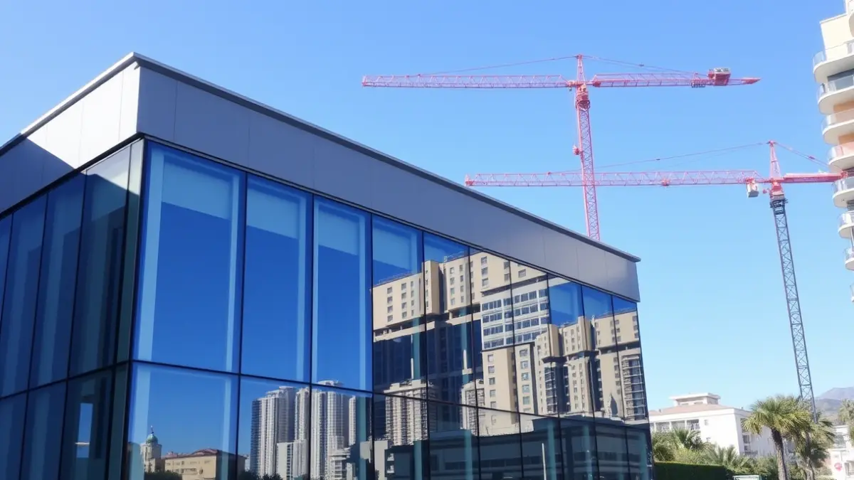 Fachada de un edificio de oficinas moderno con vistas panorámicas a la ciudad.