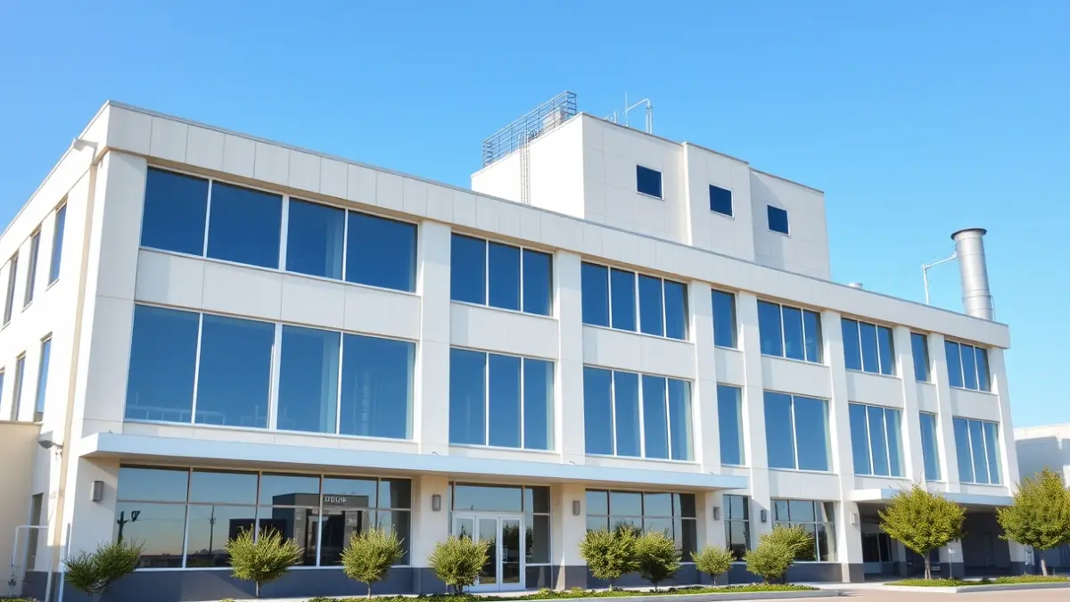 Image of a modern industrial building, representing a slaughterhouse.