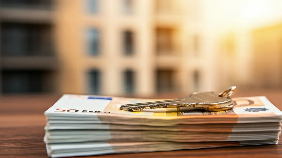 Generic image of a house key on euro banknotes, with residential buildings in the background, symbolizing rising housing costs.