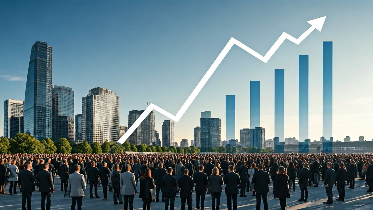 Generic image of a bar graph showing an upward trend, with office buildings in the background.