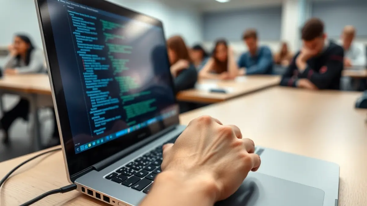 Generic image of hands typing on a laptop with code on screen, in an educational setting.