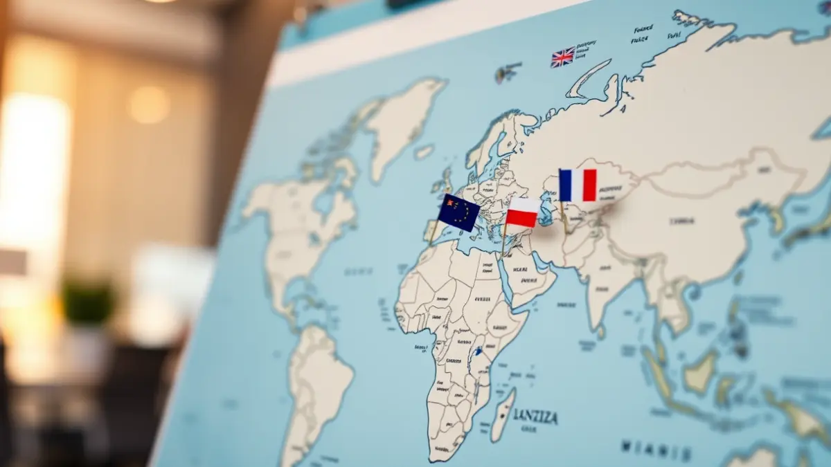 Imagen genérica de un mapa mundial con indicadores de presencia empresarial internacional.