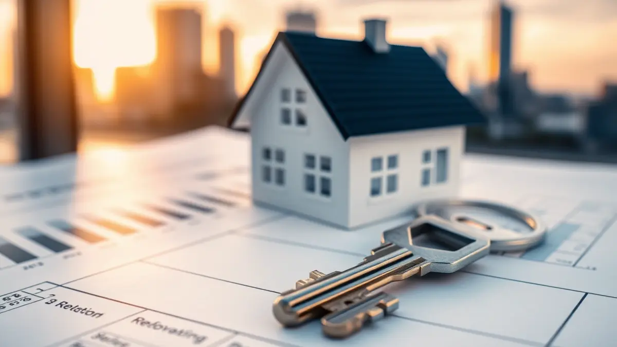 Imagen genérica de una llave de casa sobre un plano, con gráficos financieros de fondo, simbolizando la inversión inmobiliaria.