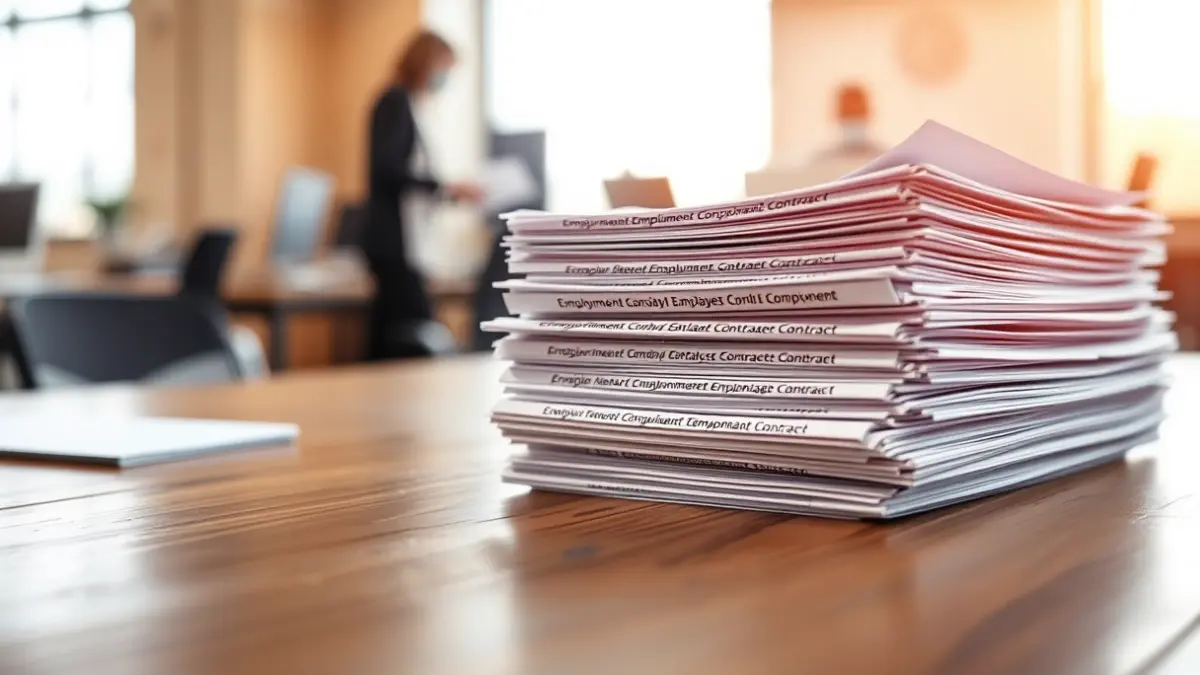 Generic image of employment contracts stacked on a desk.