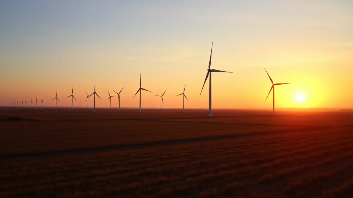 Imagen genérica de molinos de viento en un paisaje rural al atardecer.
