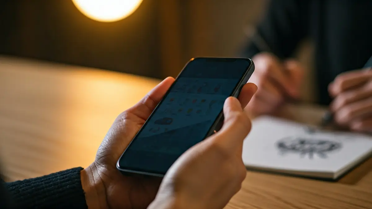 Imagen genérica de una mano sosteniendo un smartphone y otra dibujando en un cuaderno, simbolizando el diseño y la gestión de redes sociales.