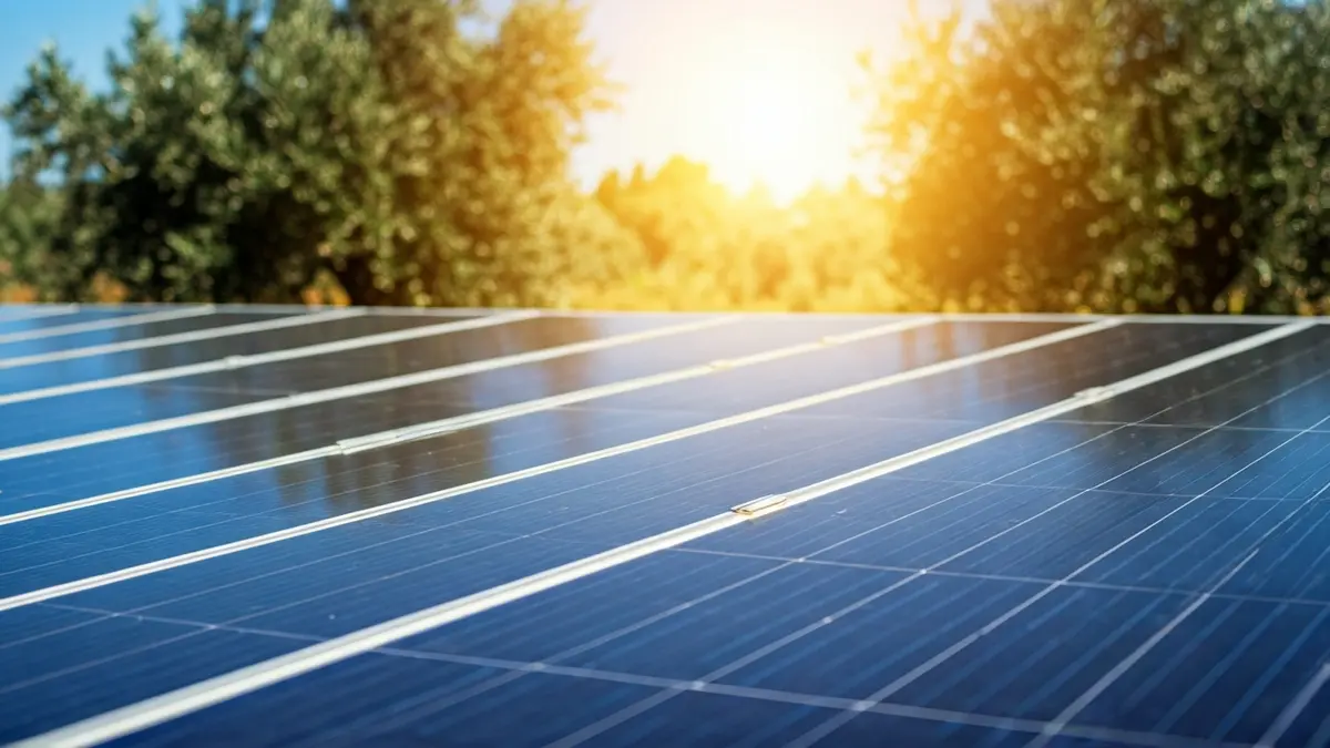 Paneles solares en un campo de olivos bajo el sol andaluz.