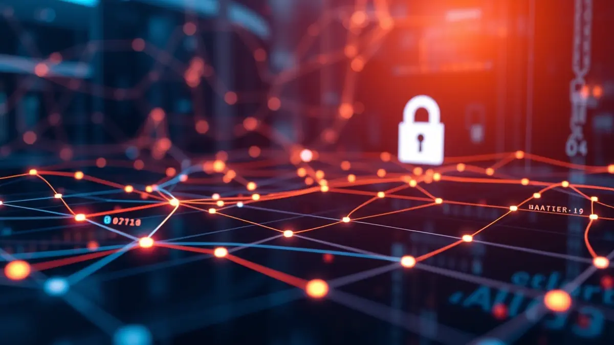 Generic image of cybersecurity with digital elements and a data network.