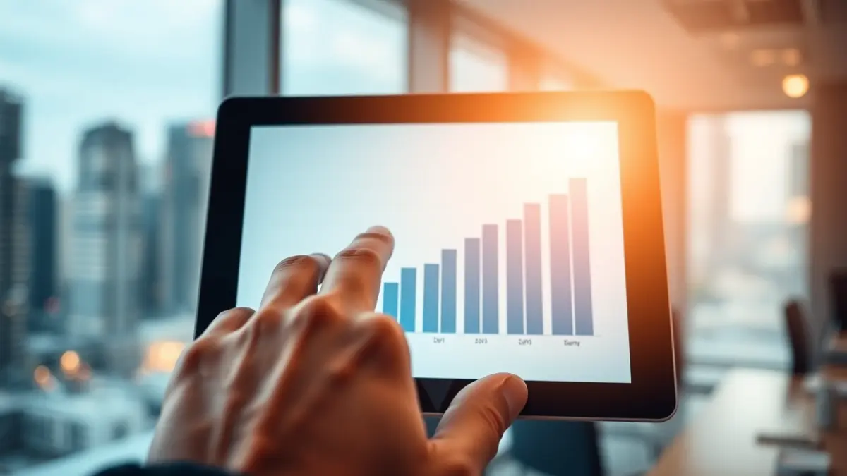 Generic image of economic charts on a tablet, with a blurred urban background.