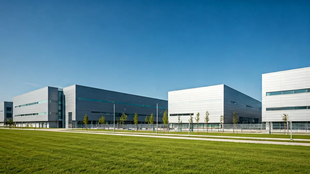 Imagen de un moderno distrito industrial con edificios de alta tecnología.