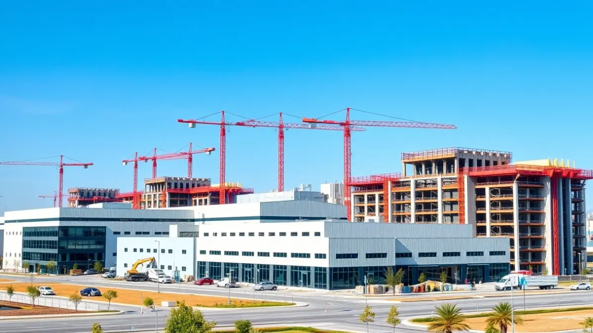 Image of a new industrial factory under construction, with cranes and modern buildings.